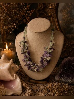 GENUINE Stone Purple Amethyst and Green Prehnite Chunky Necklace 18in Women